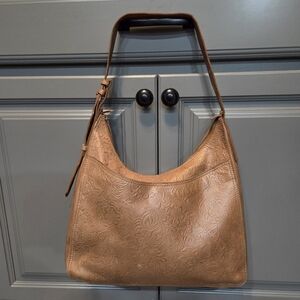 Vilenca Elegant Tan Genuine Leather Embossed Of Floral Front Adj Shoulder Bag